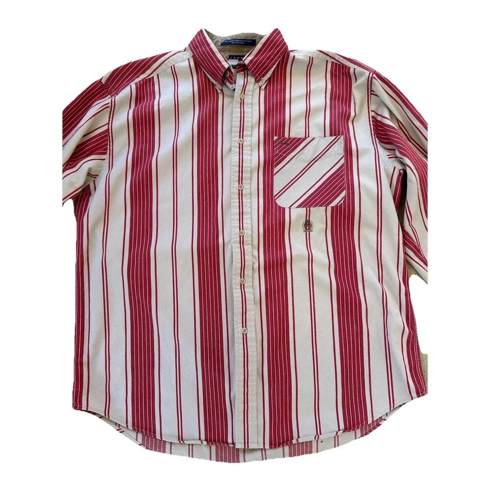 VTG Tommy Hilfiger Button Down Shirt Men's Lg Maroon Red‎ Tan Stripes Crest 90s